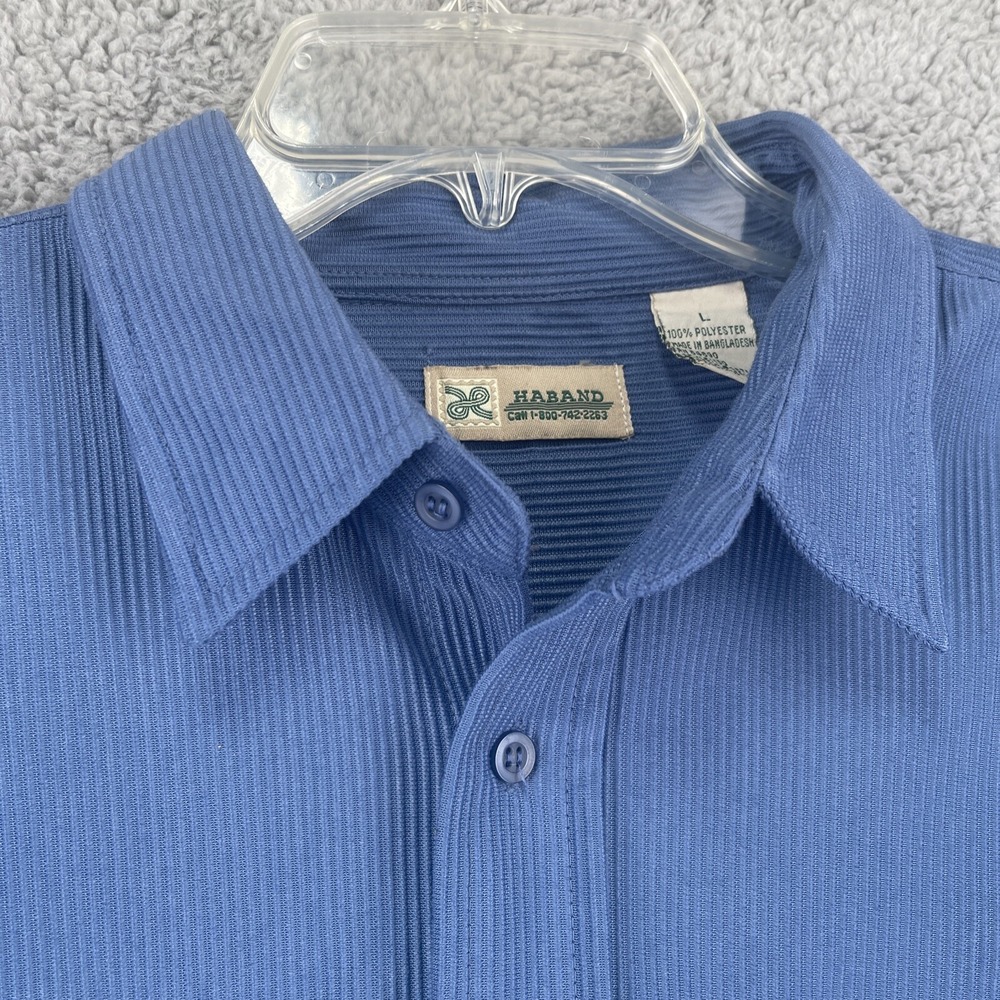 Haband Button Up Shirt Mens Large Blue Solid Ribbed Textured Long Sleeve Pockets
